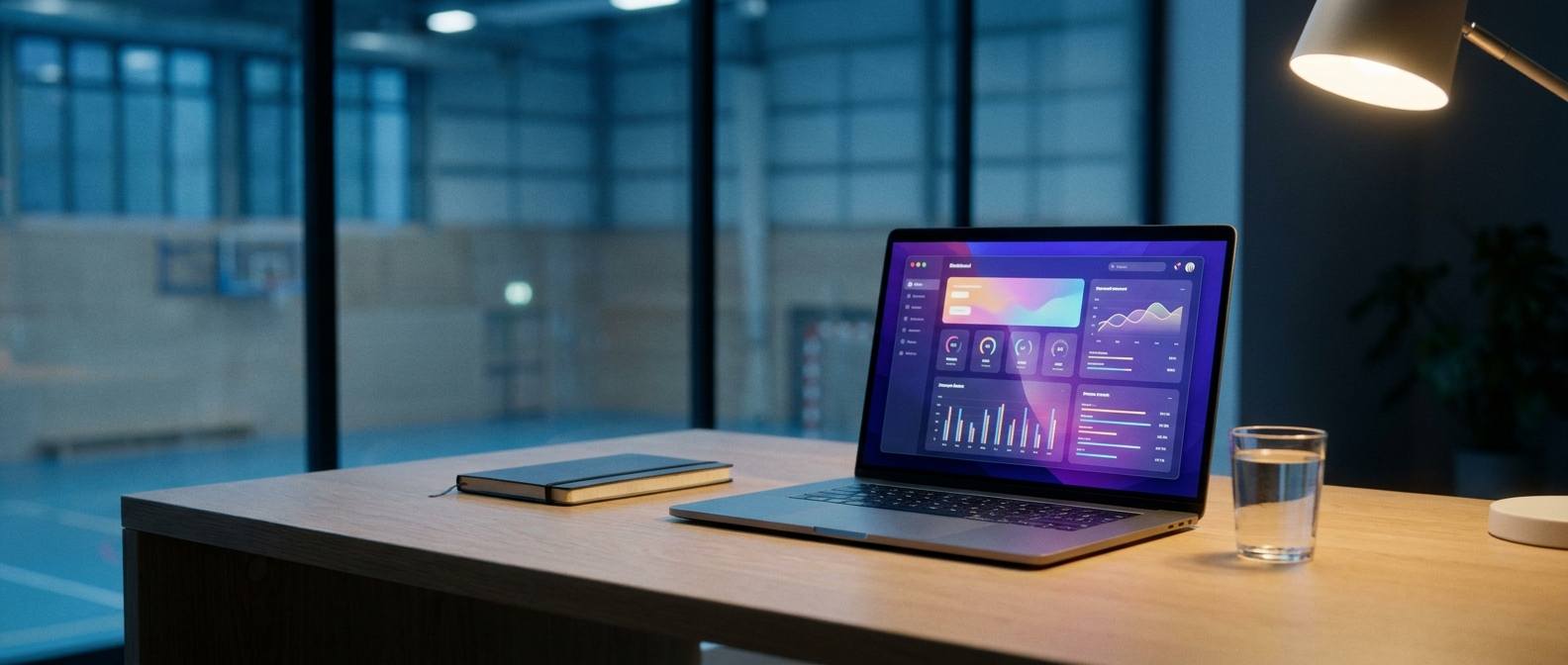 Arbeitsplatz mit Dashboard zur blauen Stunde